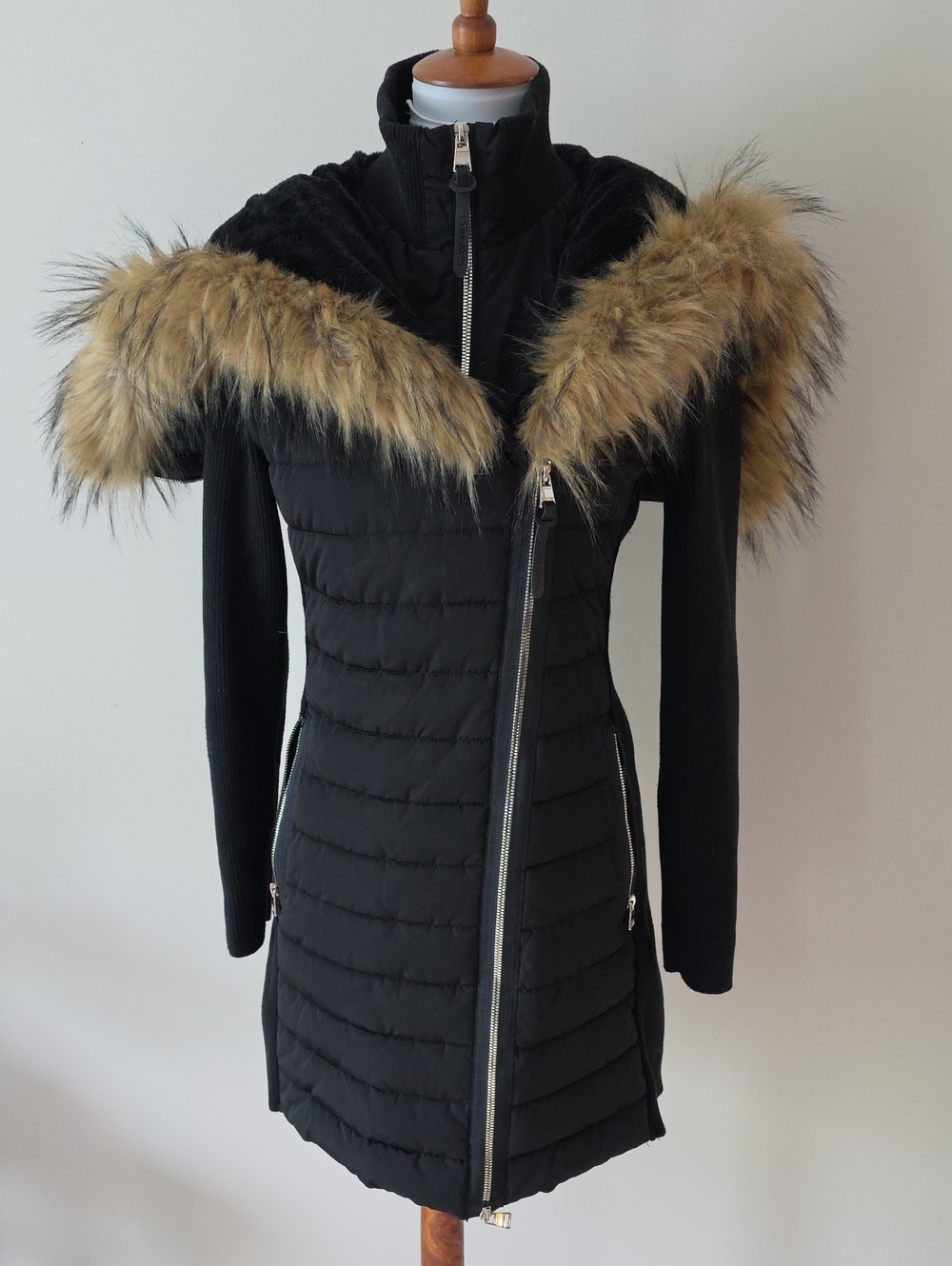 Calvin Klein Black Quilted Women's Coat with Faux Fur Trim